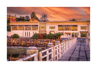 Lakeview Hotel Merimbula print, classic pub bathed in orange sunset light