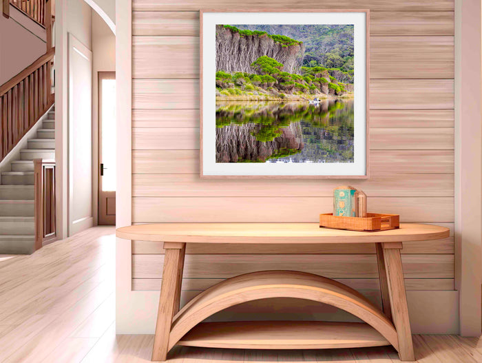 Fisherman Bournda Lagoon wall art — kayak fisherman on still lagoon, Bournda National Park NSW