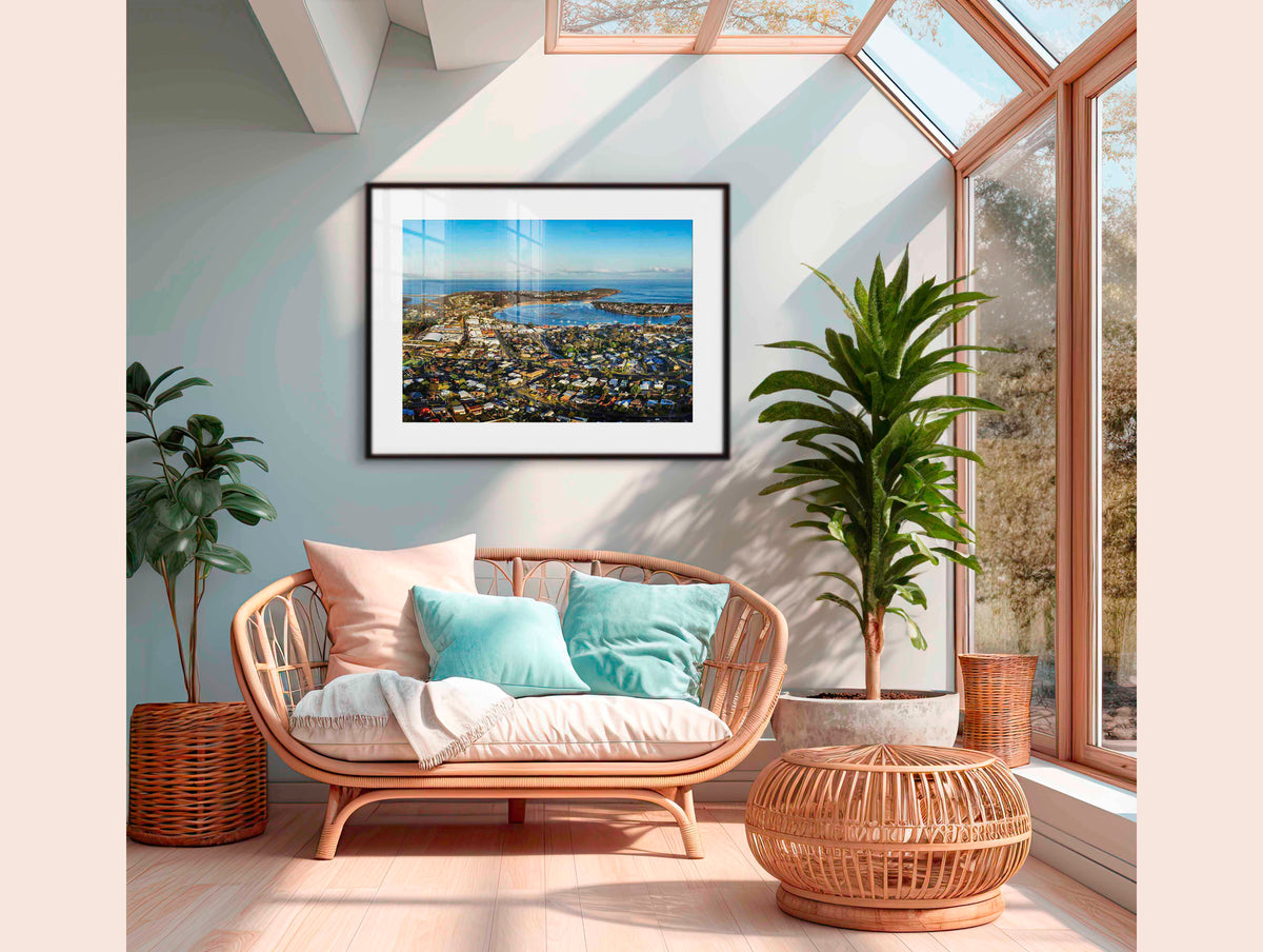 Merimbula township, lake and coastline from Boller Park, NSW Sapphire Coast — framed print