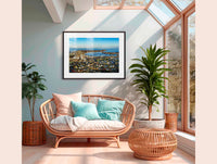 Merimbula township, lake and coastline from Boller Park, NSW Sapphire Coast — framed print