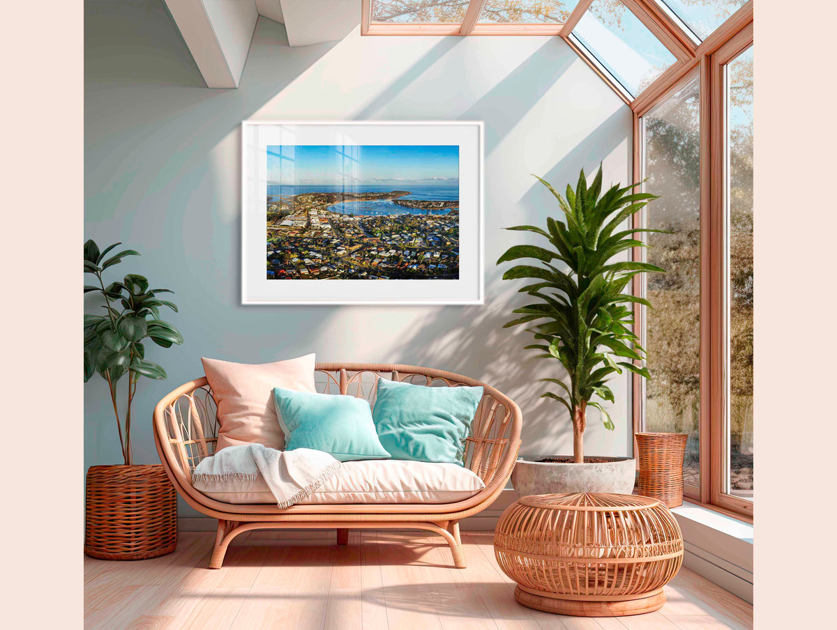Merimbula township, lake and coastline from Boller Park, NSW Sapphire Coast — gallery print