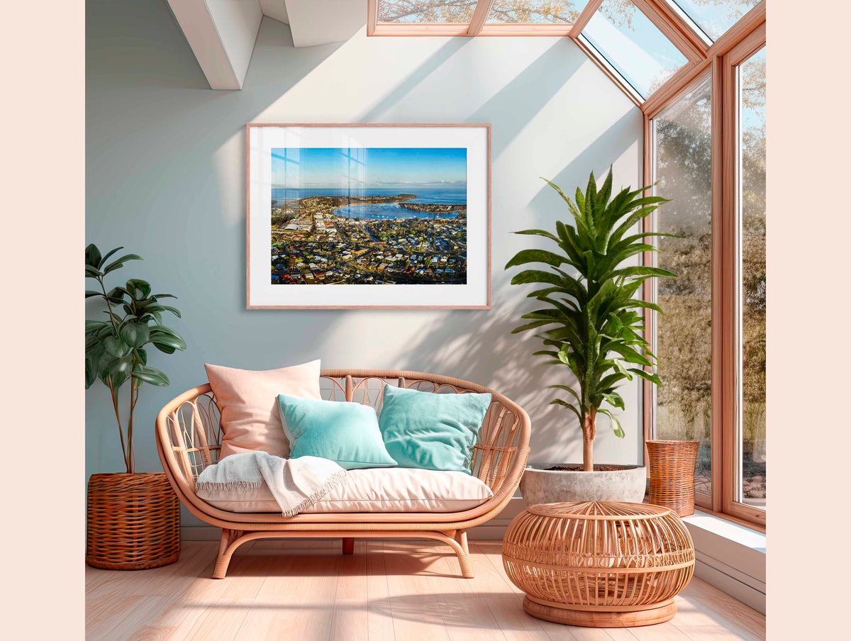 Merimbula township, lake and coastline from Boller Park, NSW Sapphire Coast — wall art