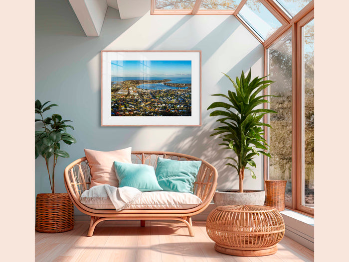 Merimbula township, lake and coastline from Boller Park, NSW Sapphire Coast — wall art