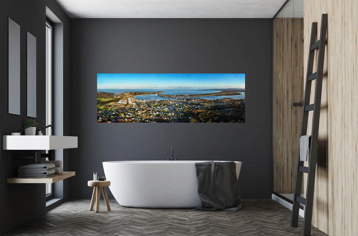 Merimbula township panorama from Boller Park — acrylic wall art, NSW Sapphire Coast