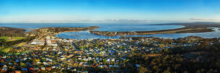 Merimbula township super wide panorama, lake and Tasman Sea from elevated vantage point