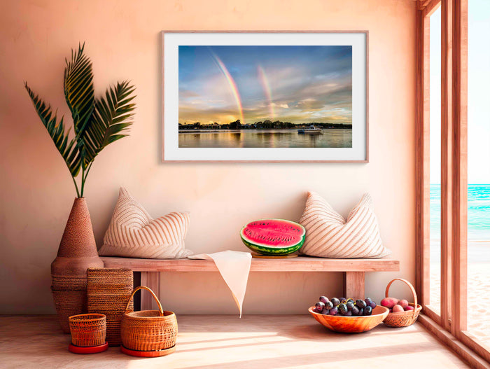 Rainbow on Merimbula Lake wall art — full arc rainbow reflected in winter lake, NSW