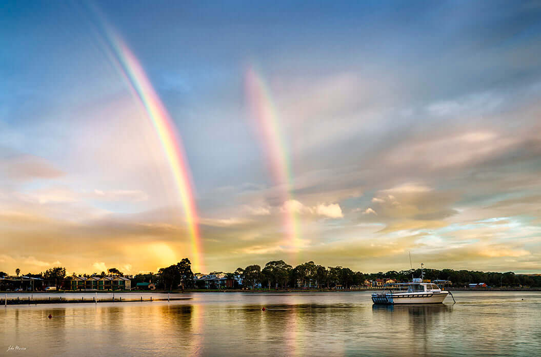 Rainbow over Merimbula Lake print, winter afternoon light