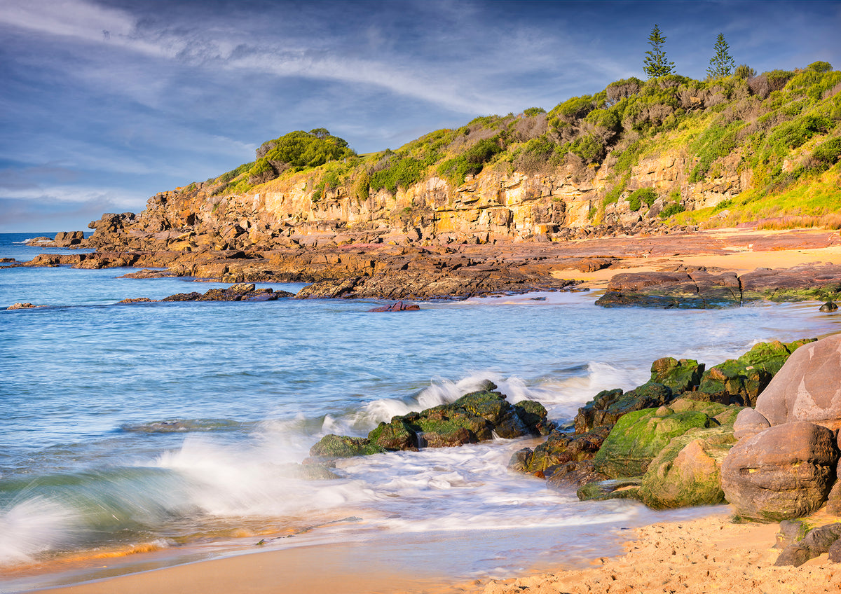 Short Point beach print, waves on mossy rocks with headland beyond