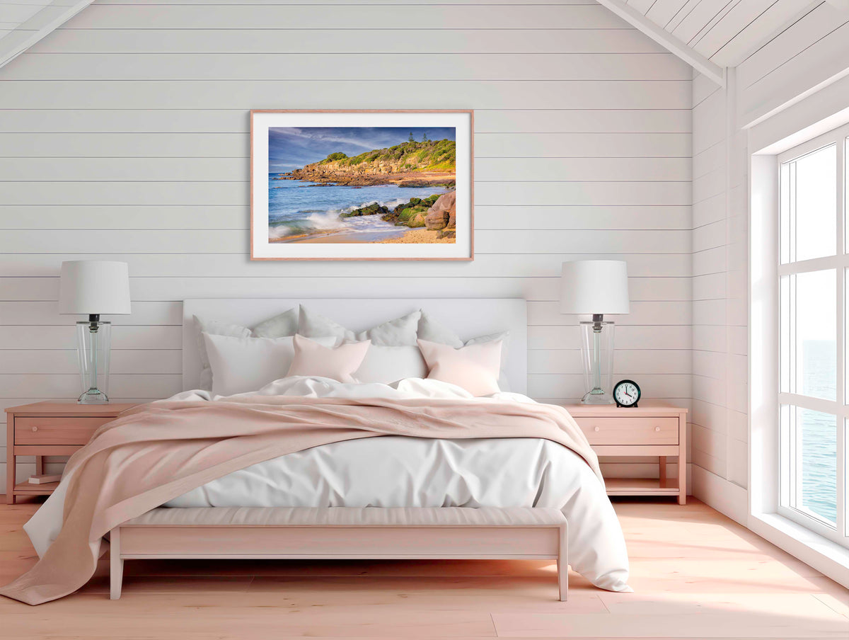 Short Point Merimbula wall art — long exposure on rocky foreshore at sunrise, NSW