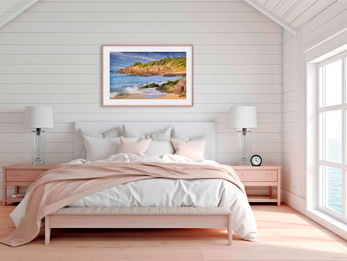 Short Point Merimbula wall art — long exposure on rocky foreshore at sunrise, NSW