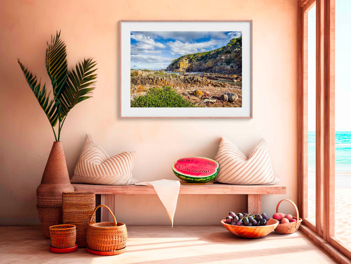 Lennards Island Pambula wall art — vivid coastal rocks in Beowa National Park, NSW
