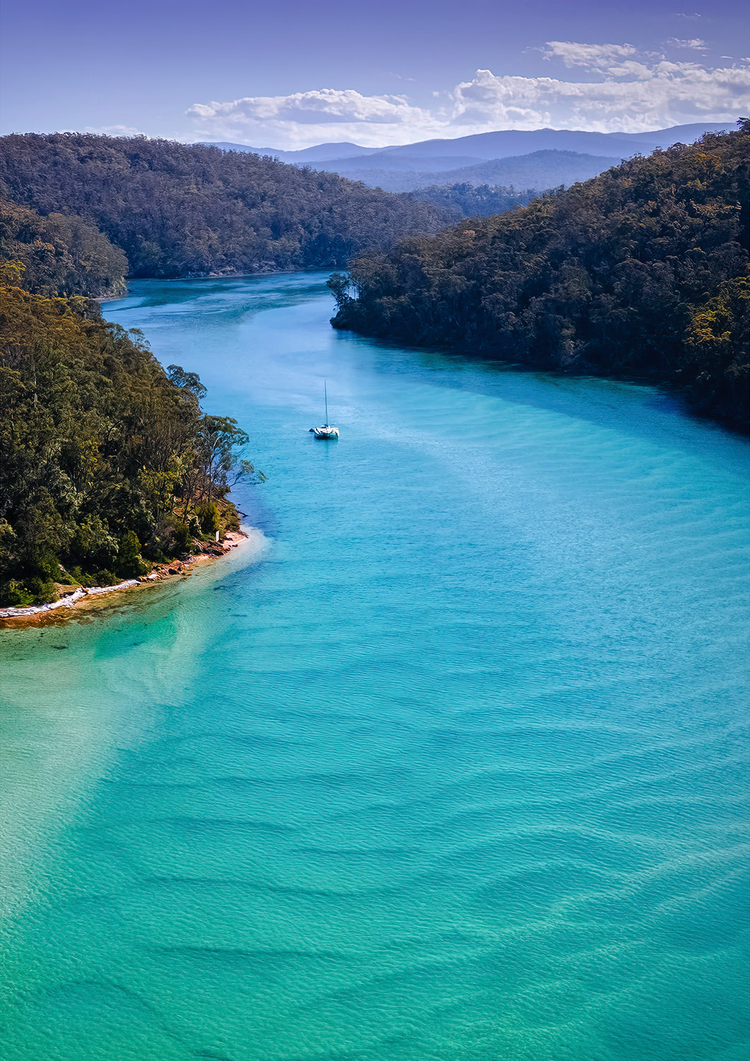 Catamaran on the turquoise Pambula River Mouth from above, Beowa National Park NSW — fine art print