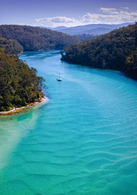 Catamaran on the turquoise Pambula River Mouth from above, Beowa National Park NSW — fine art print