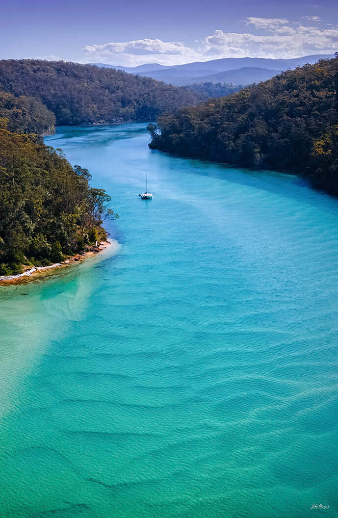 Catamaran on the turquoise Pambula River Mouth from above, Beowa National Park NSW — print detail