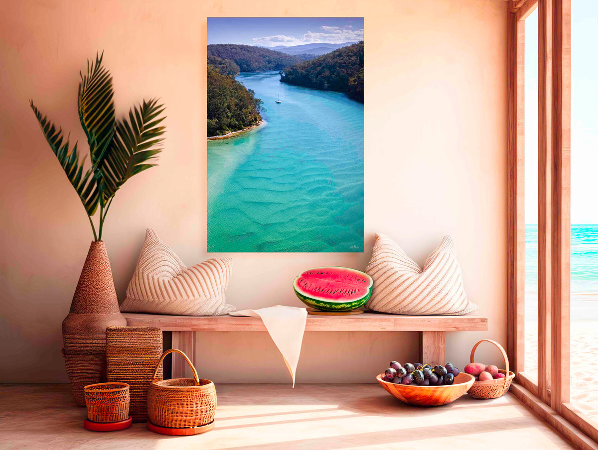 Catamaran on the turquoise Pambula River Mouth from above, Beowa National Park NSW — canvas print