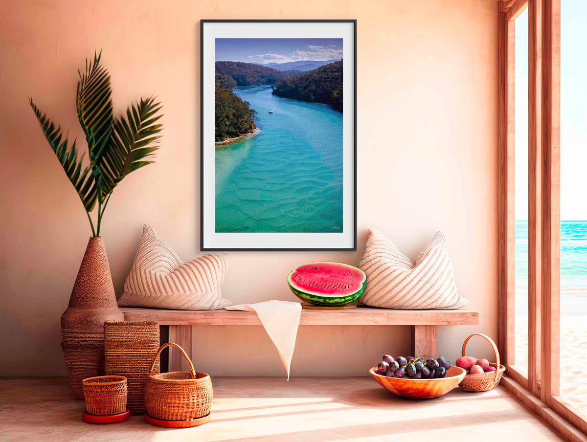 Catamaran on the turquoise Pambula River Mouth from above, Beowa National Park NSW — framed print
