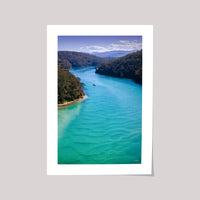 Catamaran on the turquoise Pambula River Mouth from above, Beowa National Park NSW — gallery print