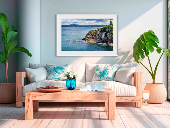 Eden Twofold Bay rocky cliffs and Mount Imlay wall art — coastal view, NSW Sapphire Coast