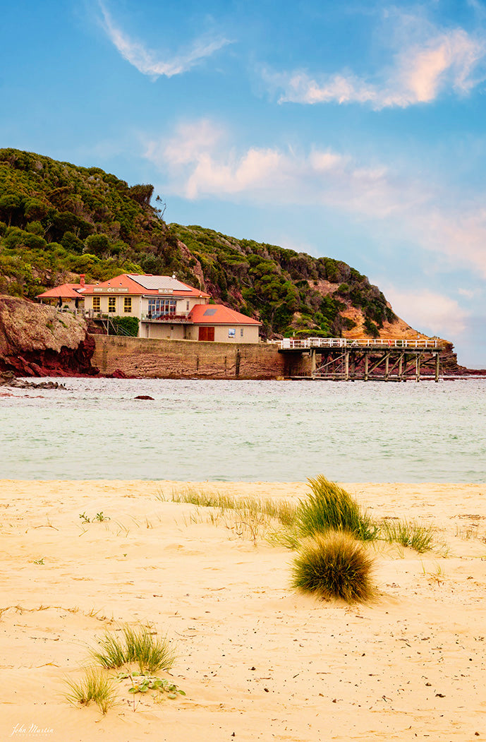 Merimbula Wharf colour print, historic 1902 landmark from Main Beach
