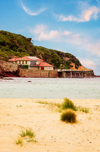 Merimbula Wharf colour print, historic 1902 landmark from Main Beach