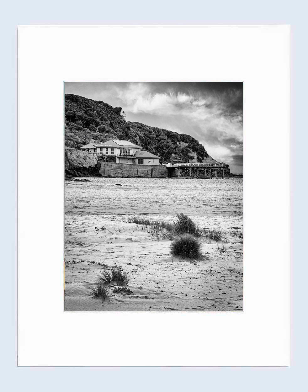 Mat print 16x20 — Merimbula Wharf from Main Beach black and white NSW