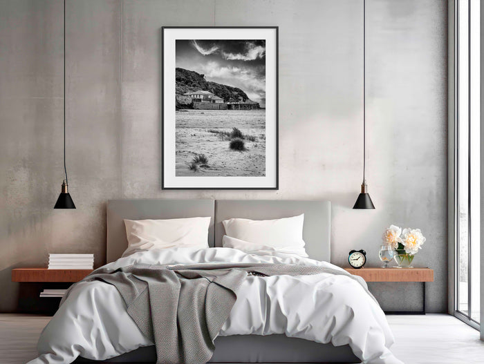 Merimbula Wharf B&W wall art — timeless black and white study of historic Merimbula Wharf NSW