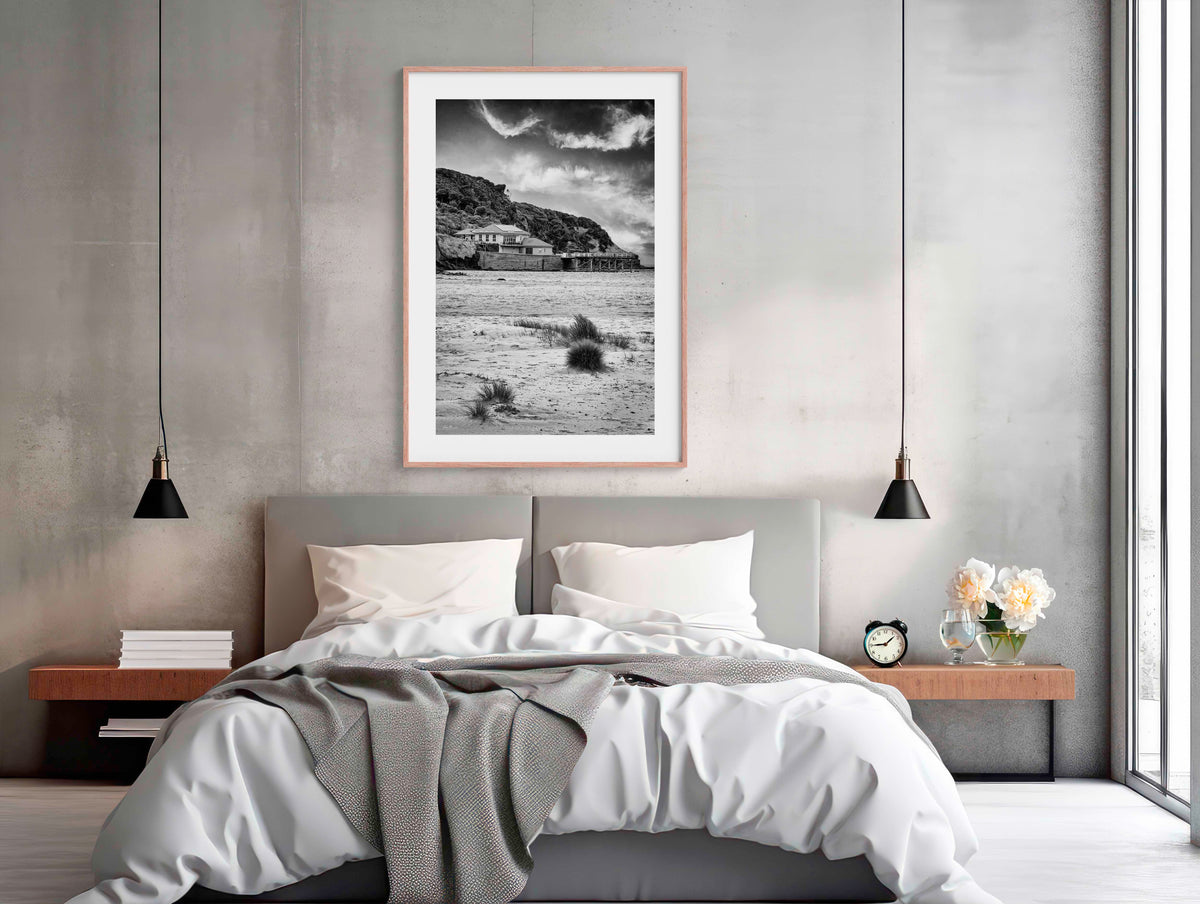 Merimbula Wharf B&W in timber frame wall art