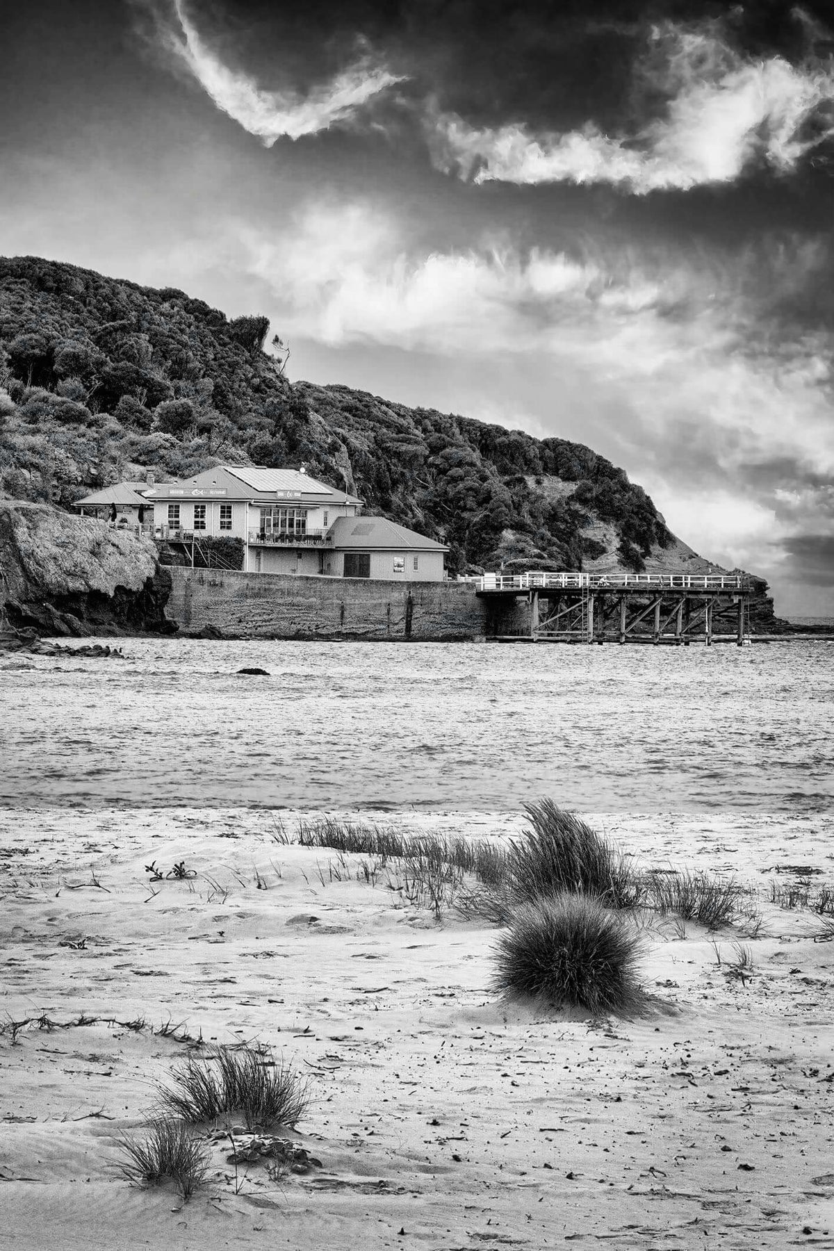 Merimbula Wharf black and white print, Main Beach view of heritage landmark