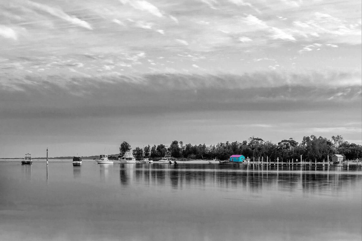 Mitchies Jetty black and white with colour print, only the boatshed in colour