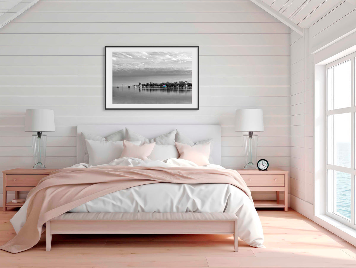 Mitchies Jetty B&W splash of colour wall art — teal boatshed in monochrome lake scene, Merimbula