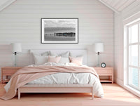 Mitchies Jetty B&W splash of colour wall art — teal boatshed in monochrome lake scene, Merimbula