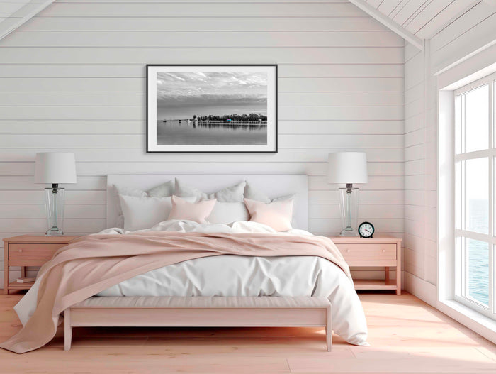 Mitchies Jetty B&W splash of colour wall art — teal boatshed in monochrome lake scene, Merimbula