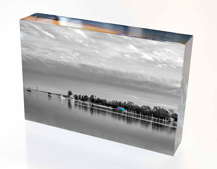 Acrylic block — Mitchies Jetty B&W with splash of colour, Merimbula NSW