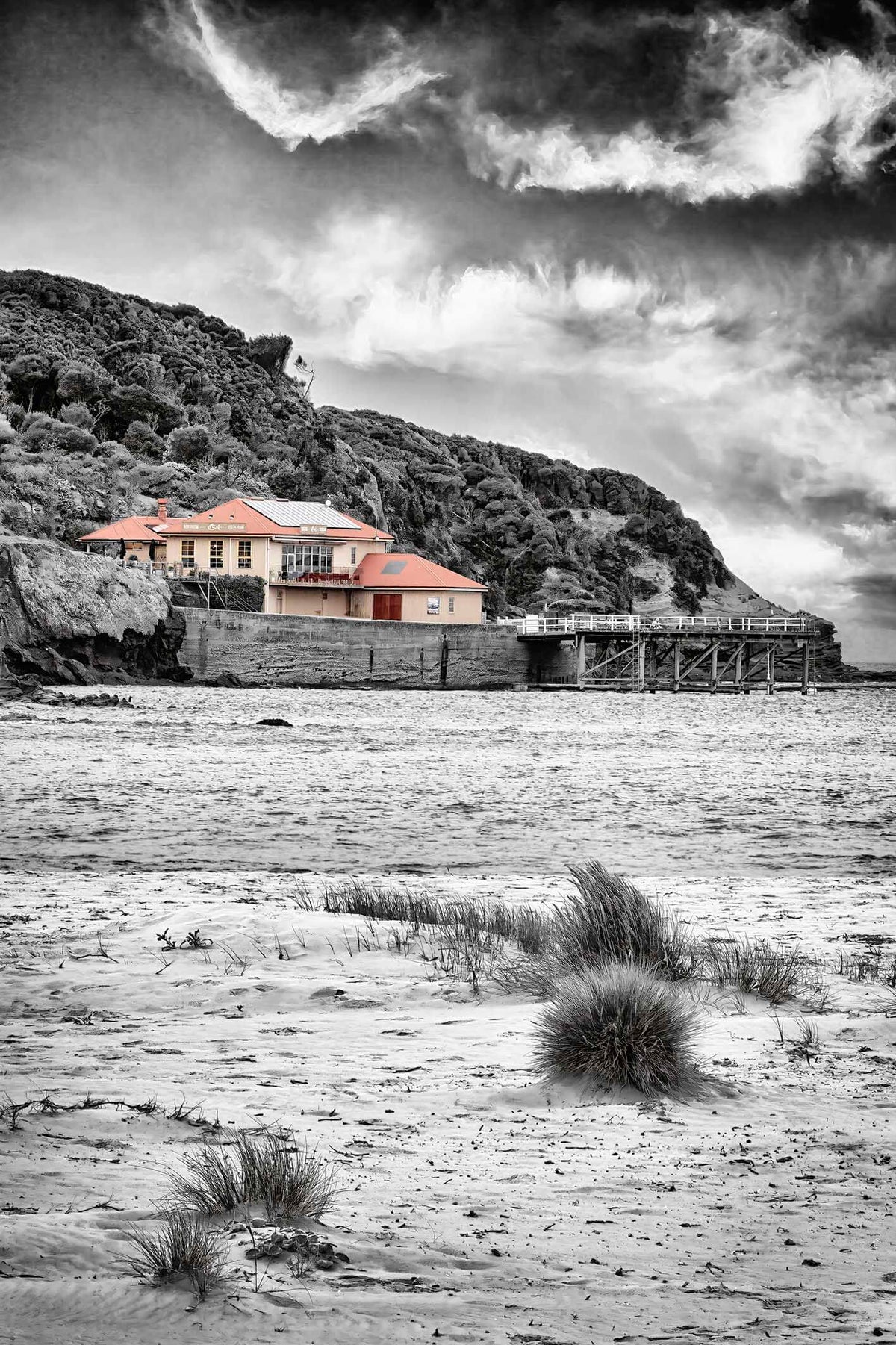 Merimbula Wharf B&W with colour print, only the restaurant in full colour
