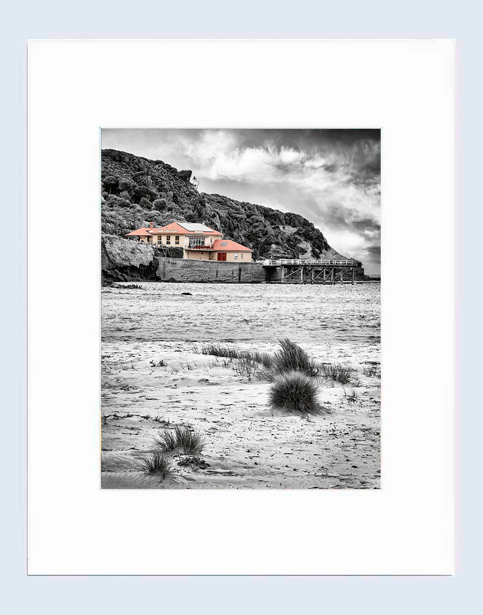 Mat print 16x20 — Merimbula Wharf from Main Beach B&W with splash of colour