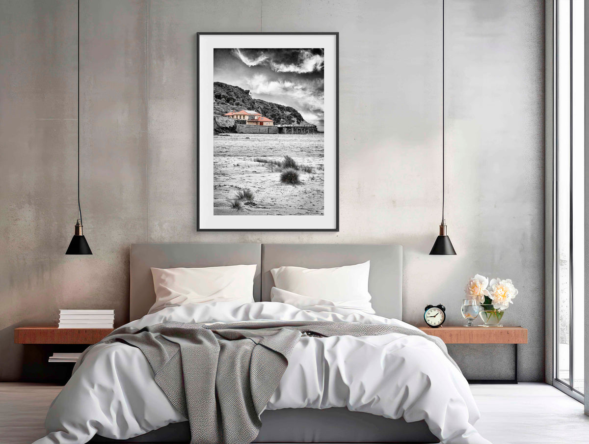 Merimbula Wharf B&W splash of colour wall art — terracotta roof in monochrome lake scene