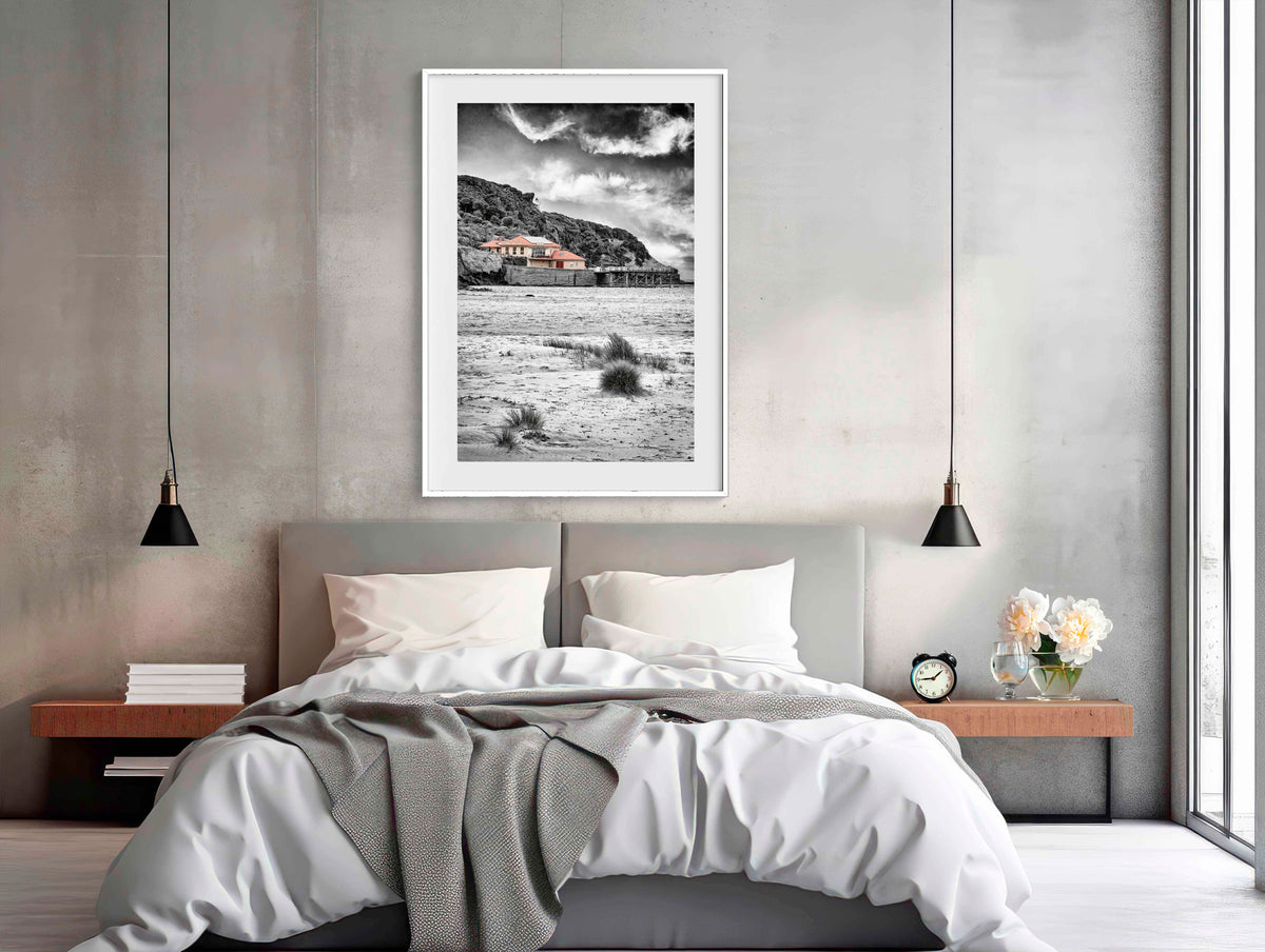 Merimbula Wharf B&W splash of colour in white frame