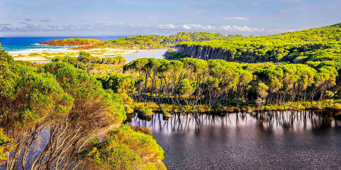 Bournda Lagoon from hilltop wide panorama, Bournda National Park NSW