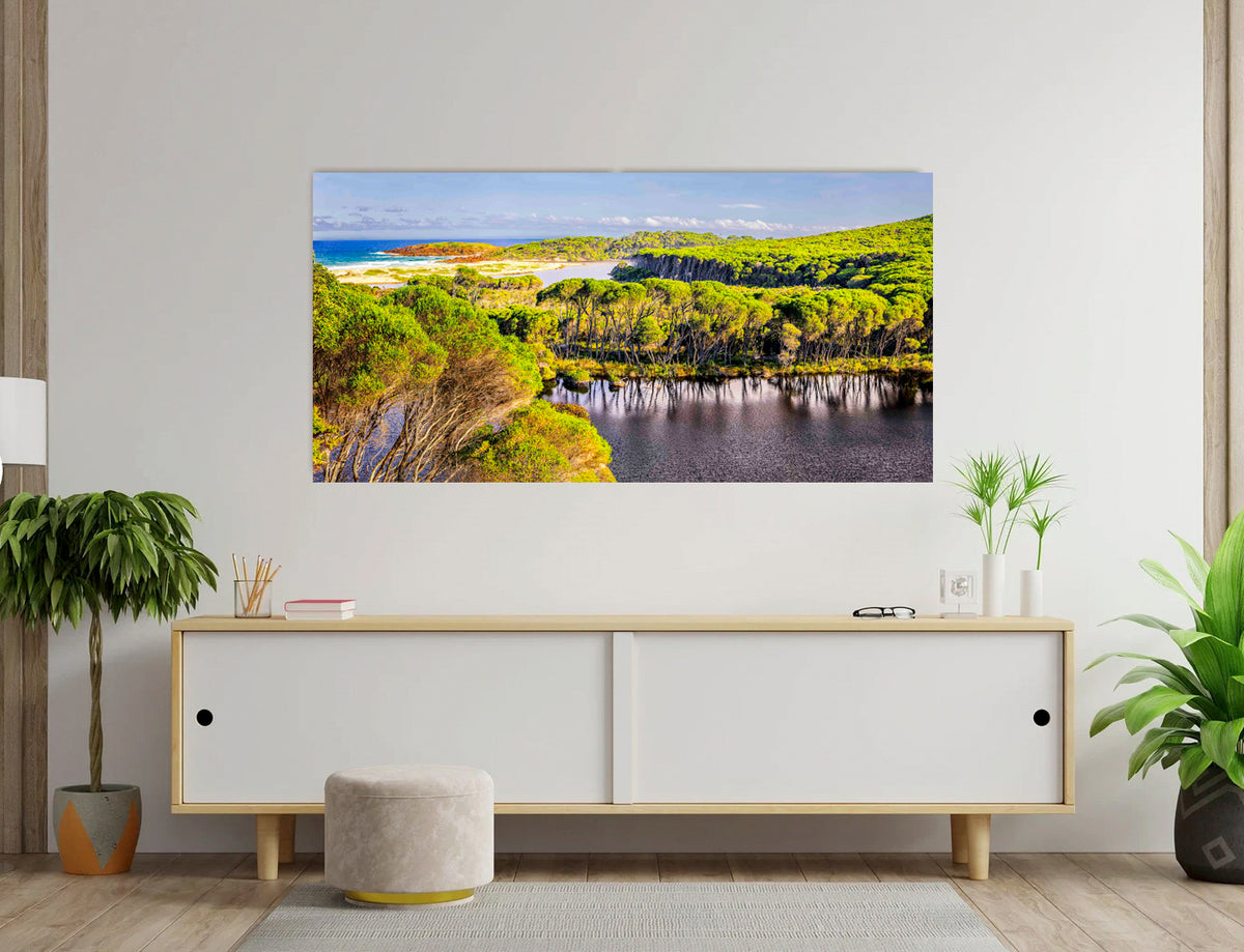 Bournda Lagoon hilltop panorama — acrylic wall art, lake, beach and ocean in one frame
