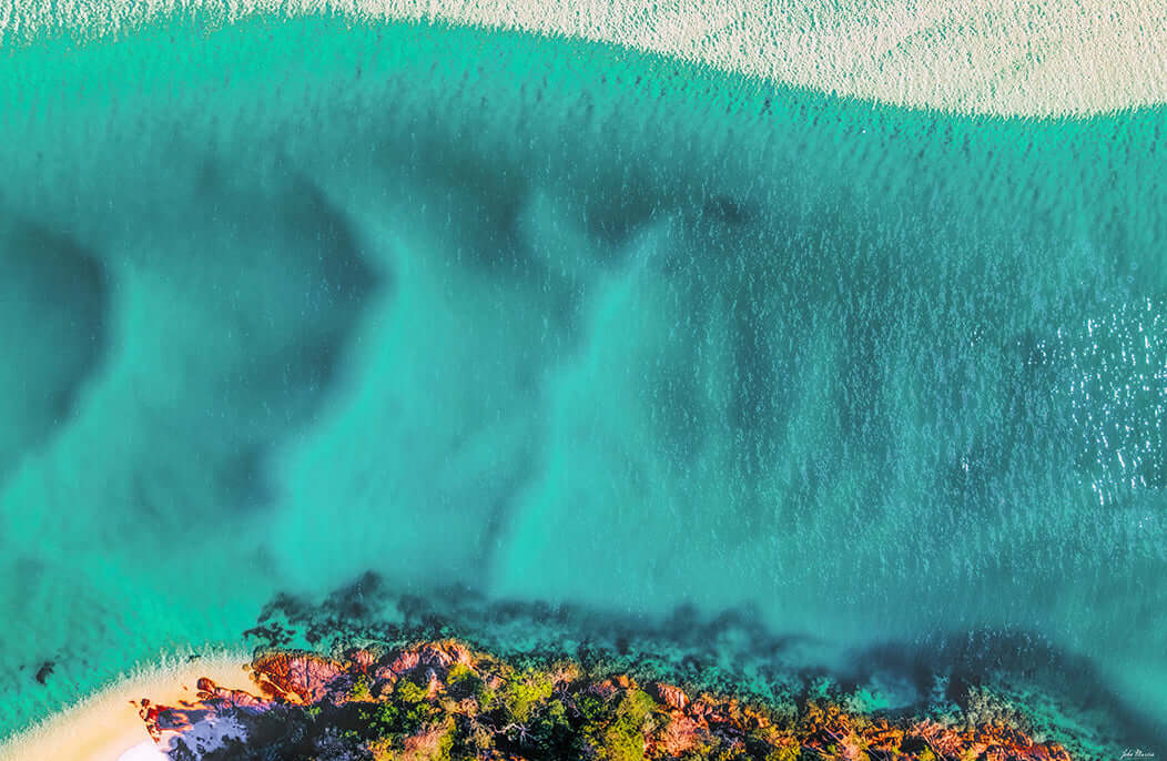 Pambula River aerial from directly above, vivid colour over white sand
