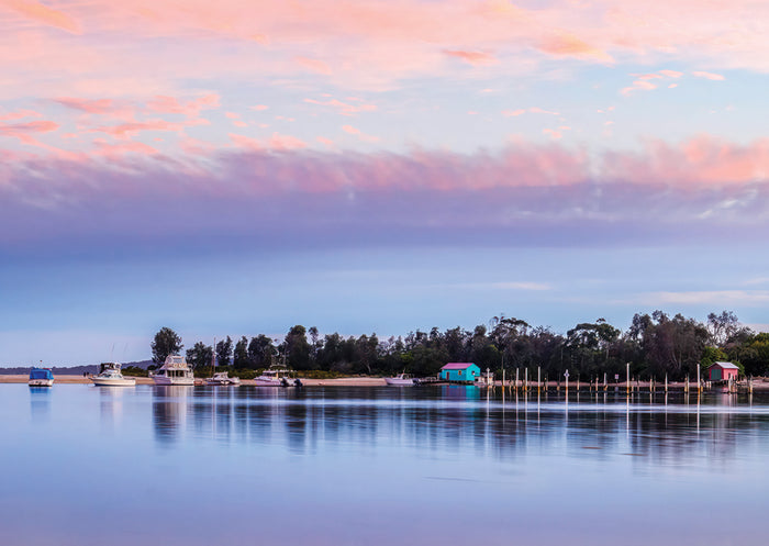 Fridge magnet — Mitchies Jetty fairy floss pink sunset, Merimbula NSW