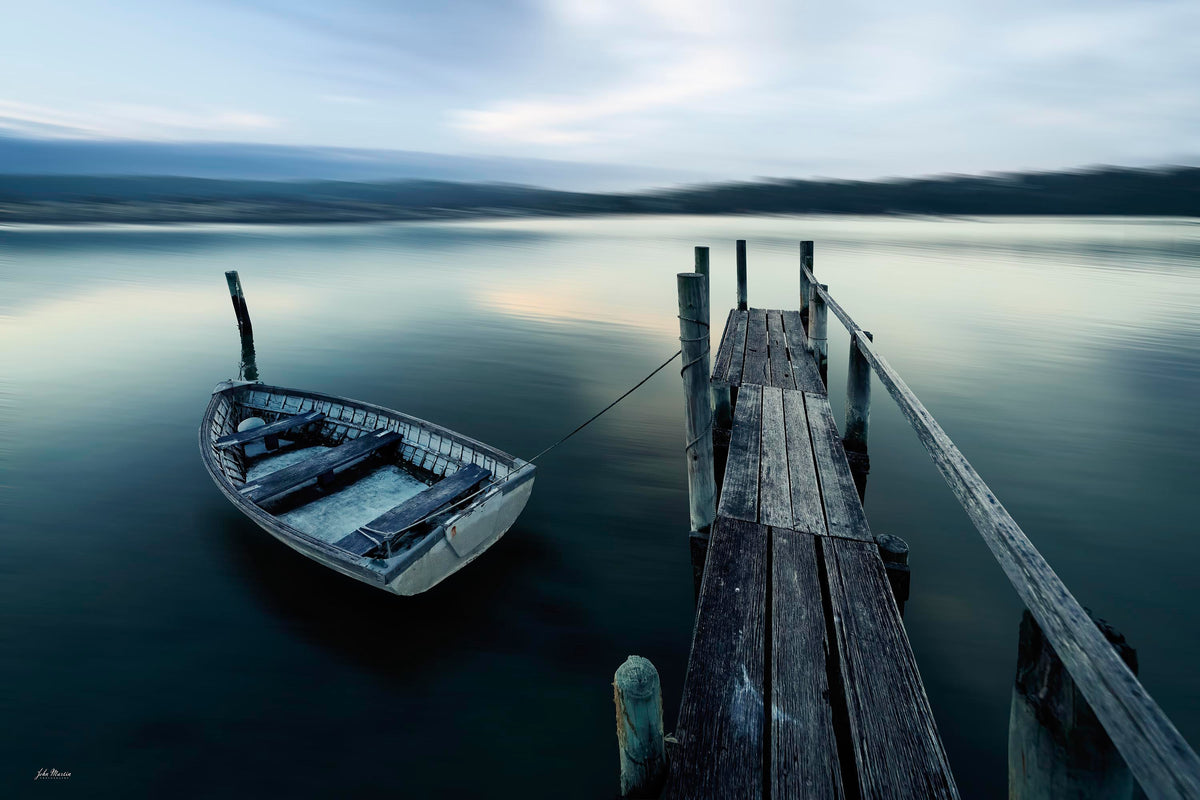 Weathered dinghy at Fishpen jetty, Merimbula Lake NSW — artistic treatment — fine art print