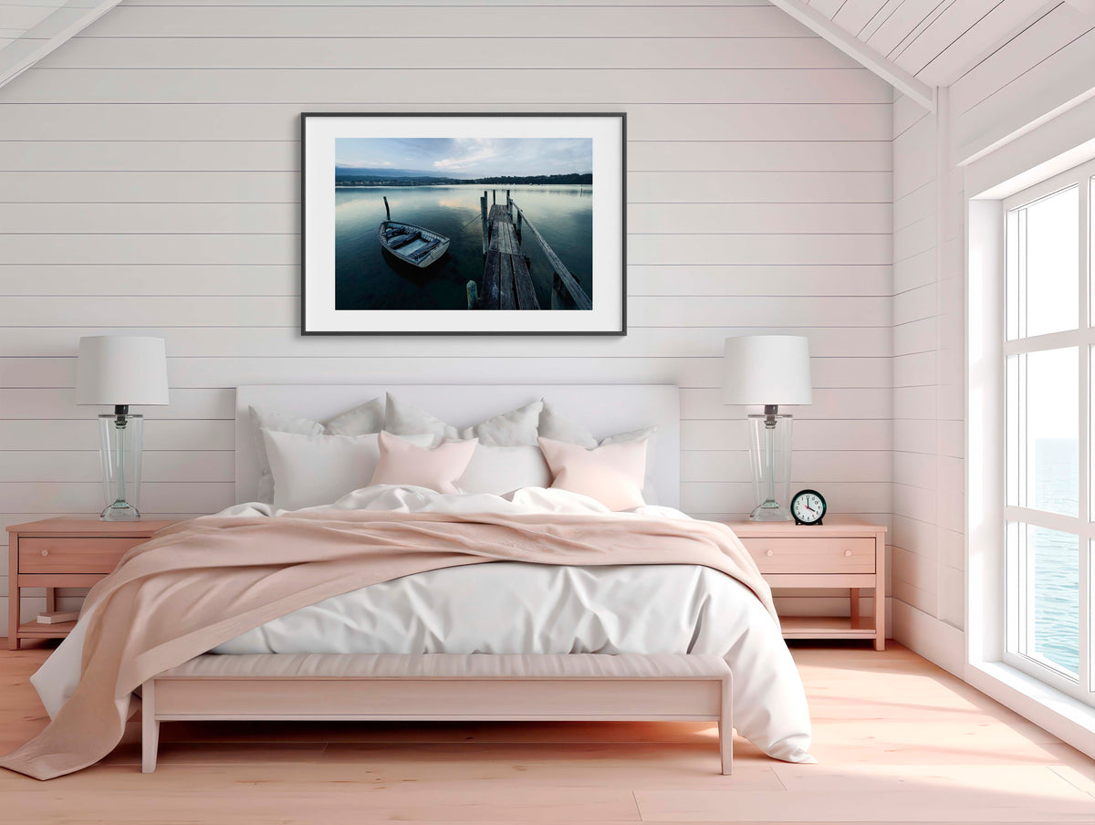 Little Boat Fishpen Jetty wall art — small boat at Merimbula Lake, NSW Sapphire Coast