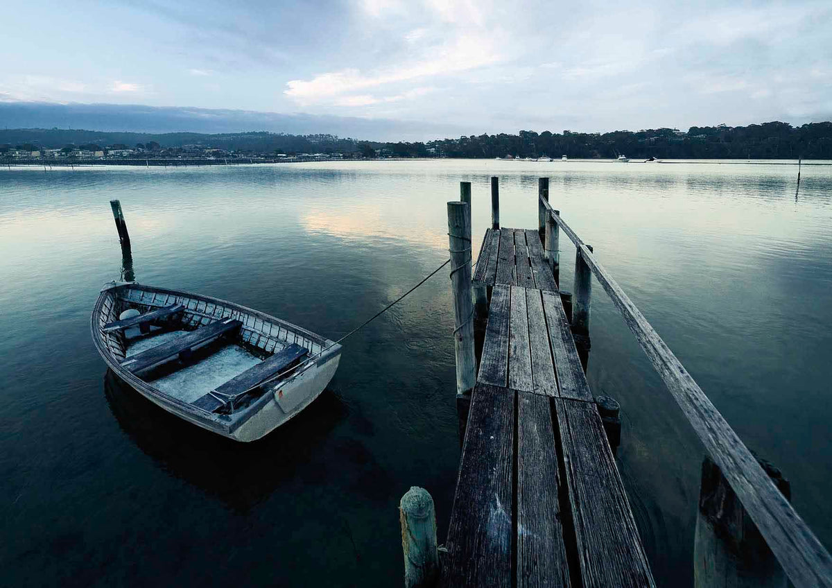 Little boat tied to Fishpen Jetty Merimbula print