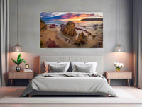 Pambula Beach Sunrise panorama — acrylic wall art, golden light on rocks, NSW Sapphire Coast