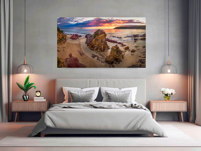 Pambula Beach Sunrise panorama — acrylic wall art, golden light on rocks, NSW Sapphire Coast