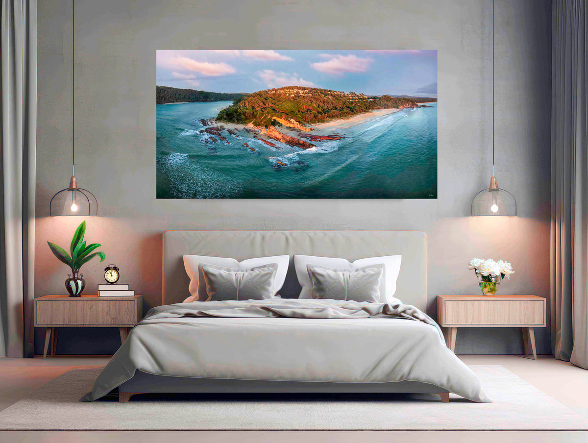 Pambula River Mouth panorama at sunrise — acrylic wall art, Beowa National Park NSW
