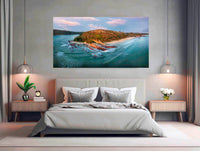 Pambula River Mouth panorama at sunrise — acrylic wall art, Beowa National Park NSW