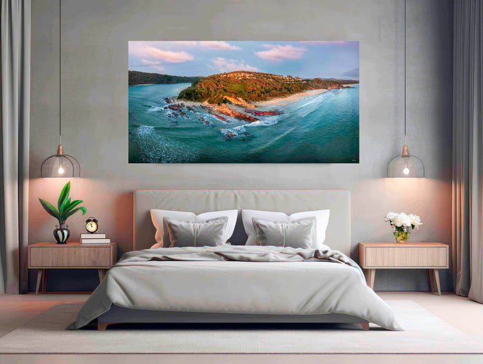 Pambula River Mouth panorama at sunrise — acrylic wall art, Beowa National Park NSW