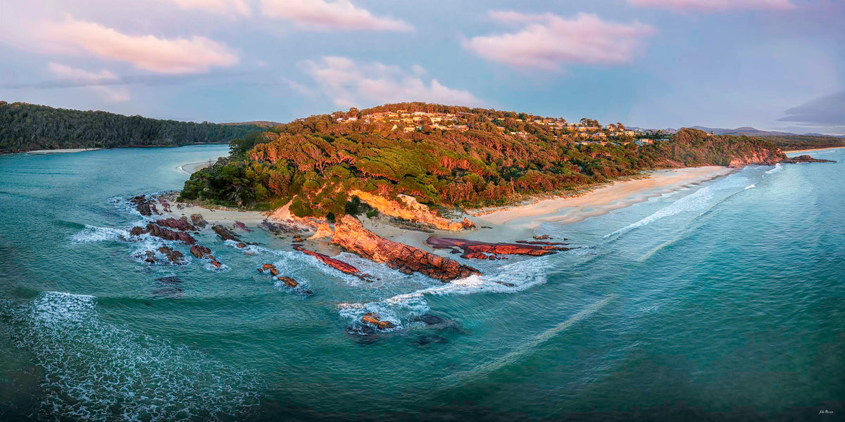 Pambula River Mouth 2:1 panorama, early morning light on estuarY